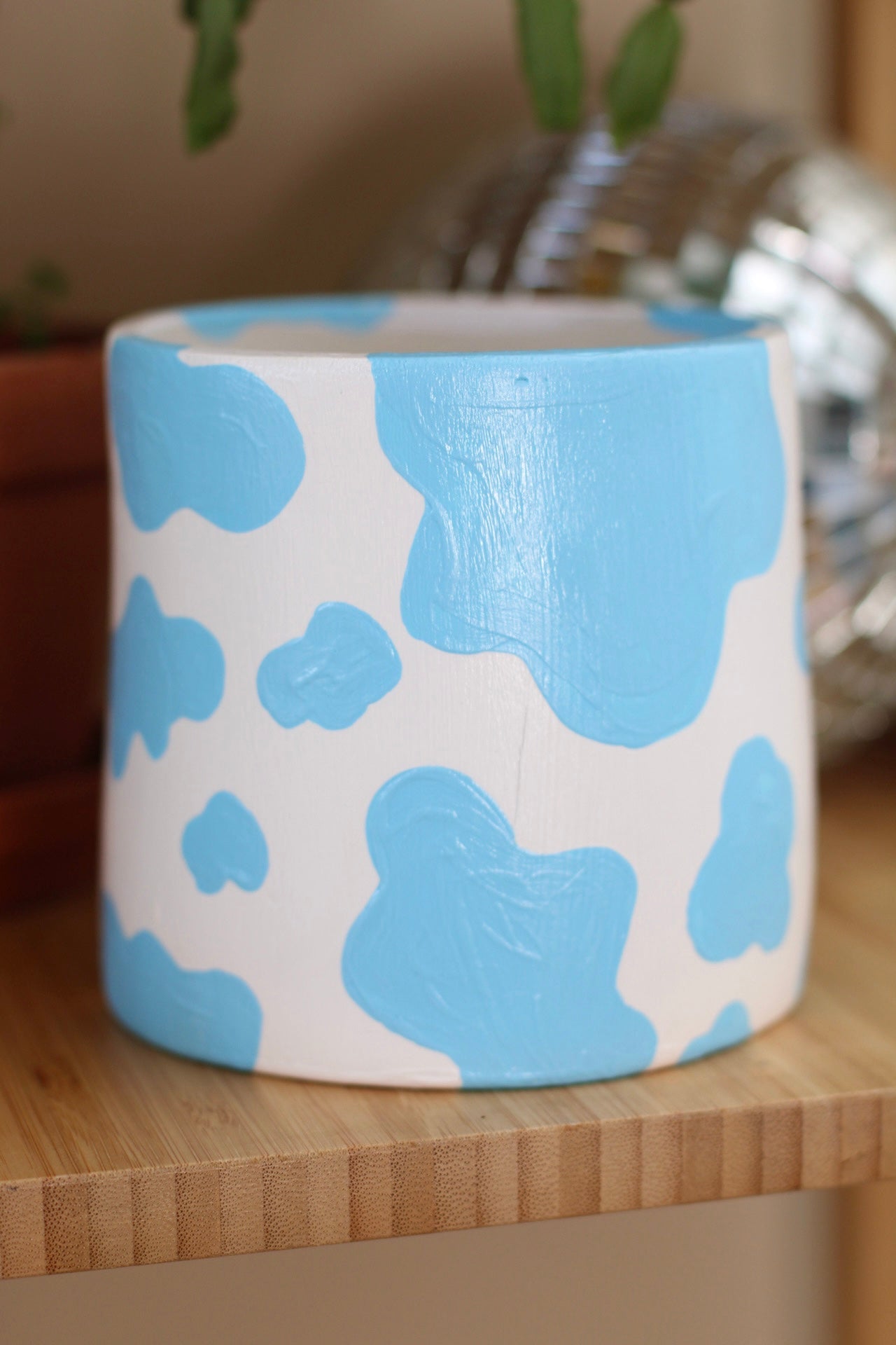 Cowprint Plant Pot- Baby Blue
