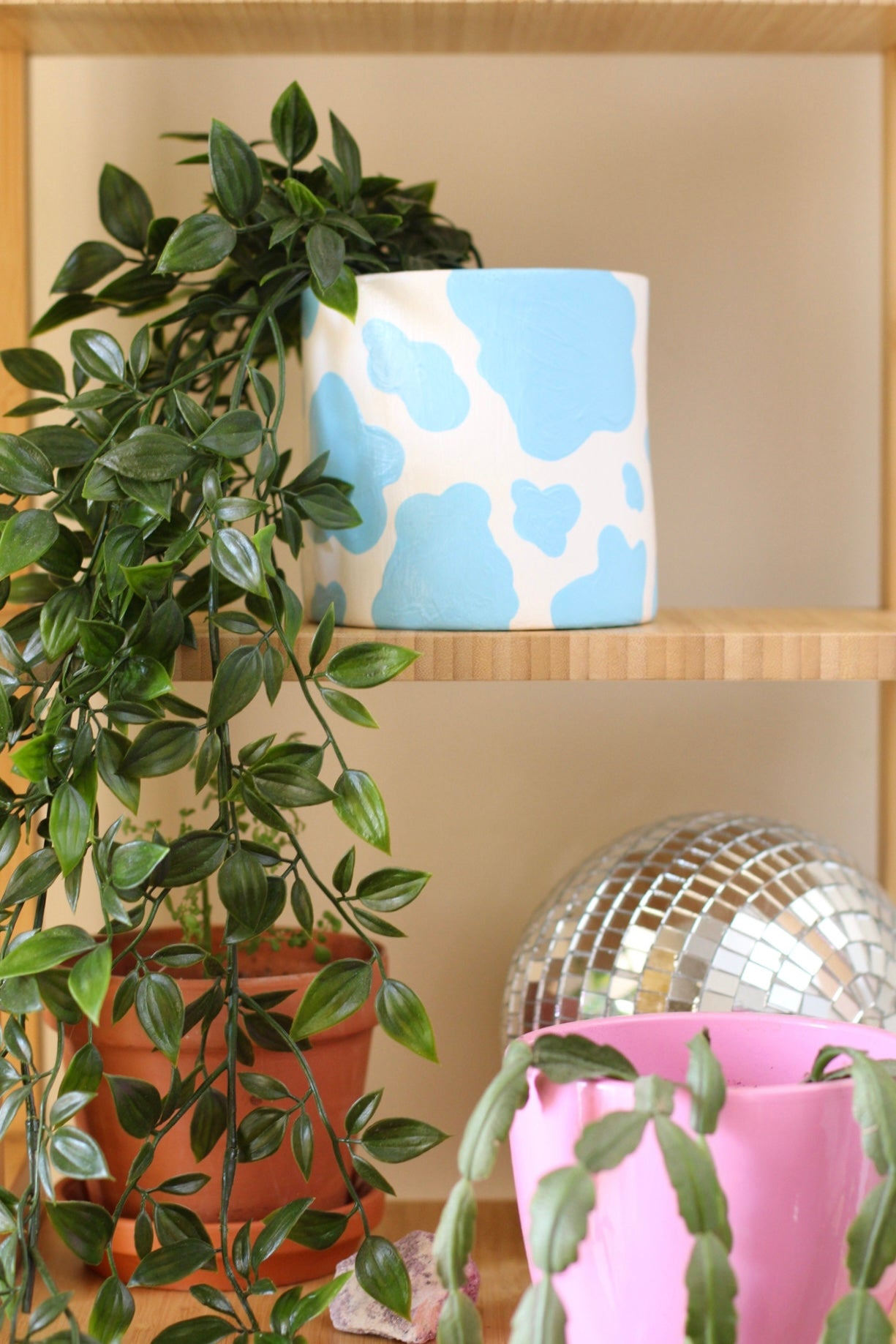 Cowprint Plant Pot- Baby Blue