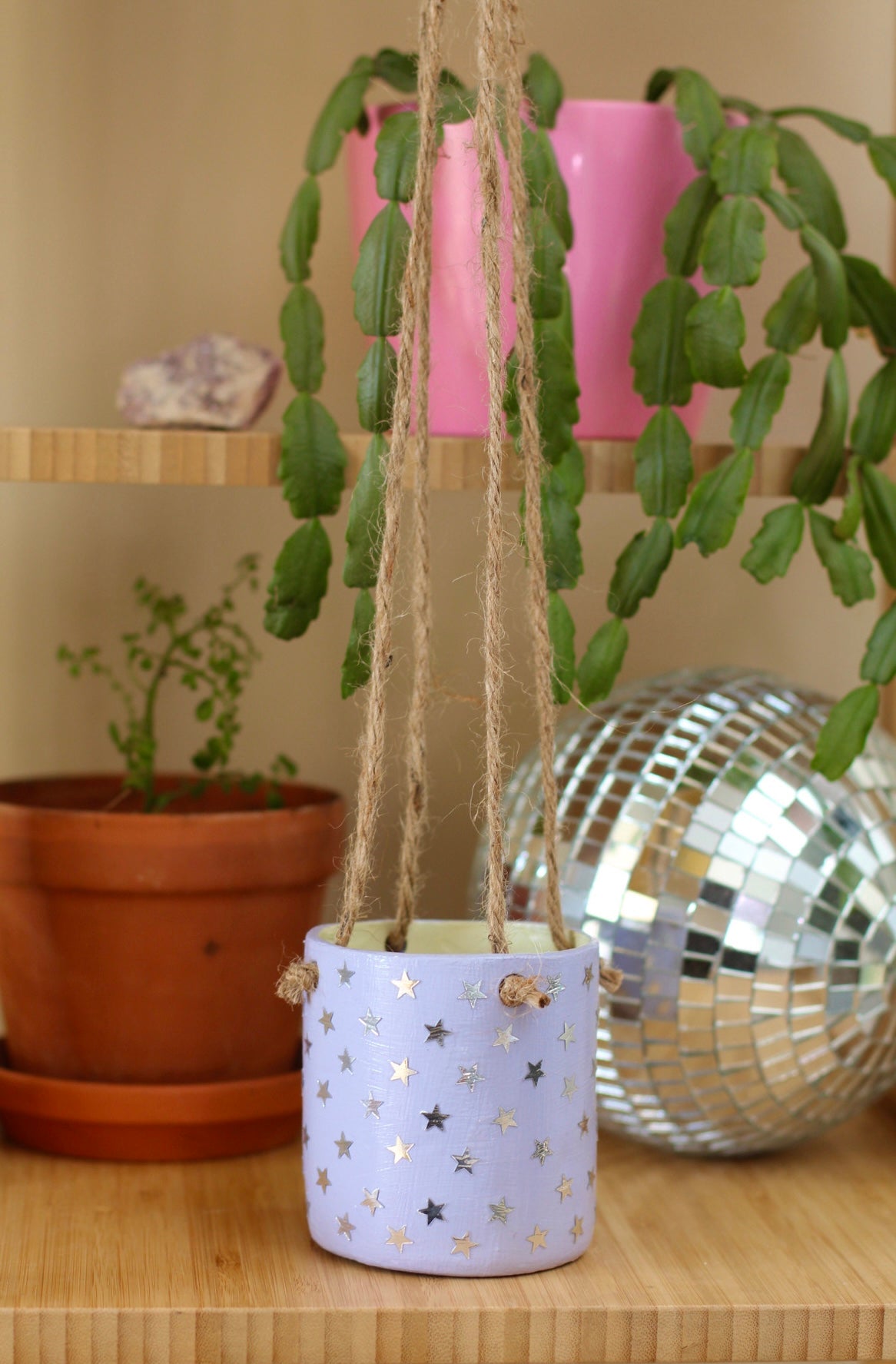Hanging Plant Pot- Lilac Stars