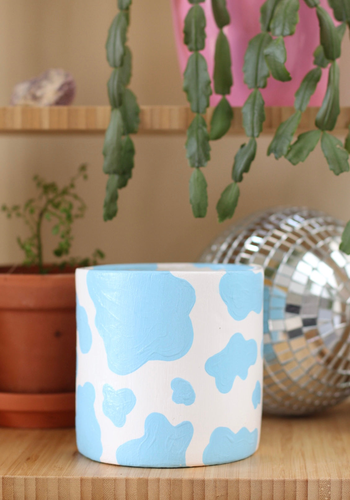 Cowprint Plant Pot- Baby Blue