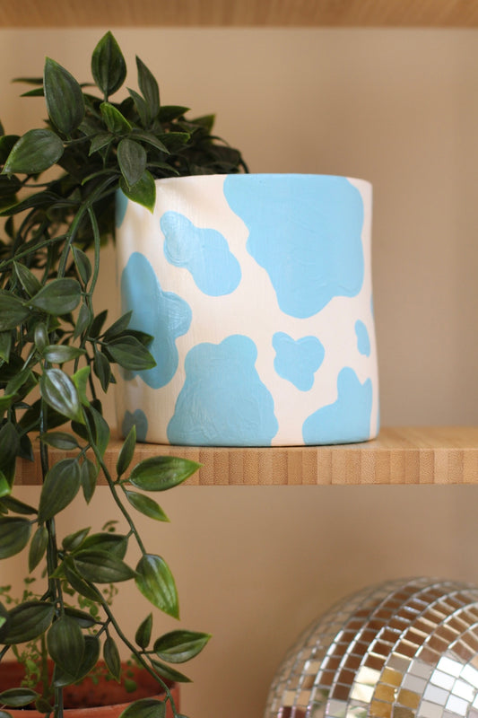 Cowprint Plant Pot- Baby Blue